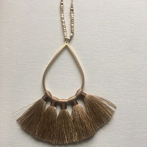 Gold Teardrop Necklace with Fabric Fan TasselBrown